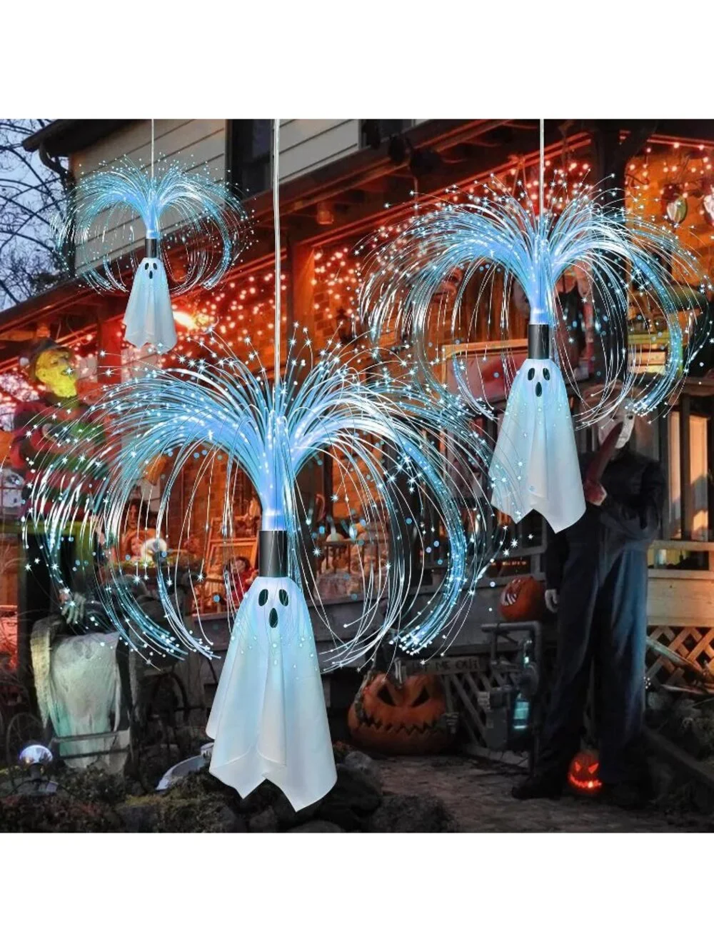 2Pack 2FT Hanging Fiber Optic Solar Ghost Lights Cool White Garden Party Decor